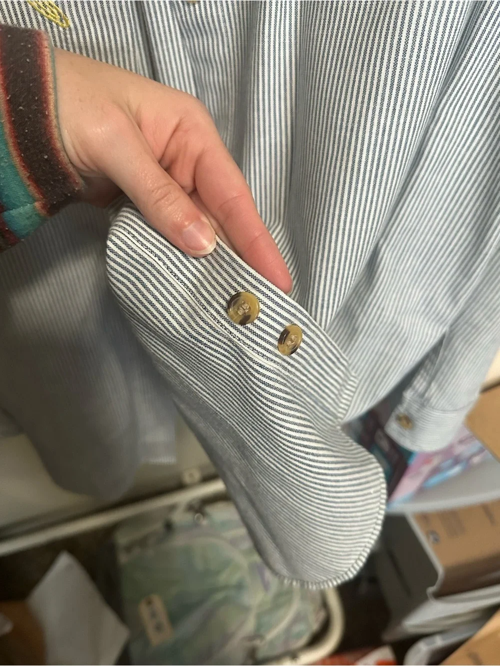 Vintage Blue and White Striped Button Down with Teacher School Themed Embroidery - Picture 5 of 9